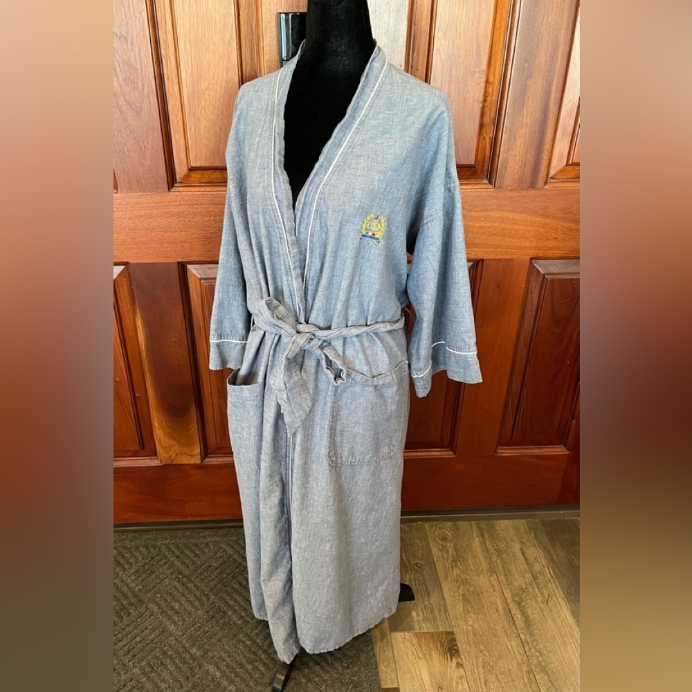 Vintage Christian Dior Monsieur Chambray Blue Cotton Bath Robe - Adult One Size